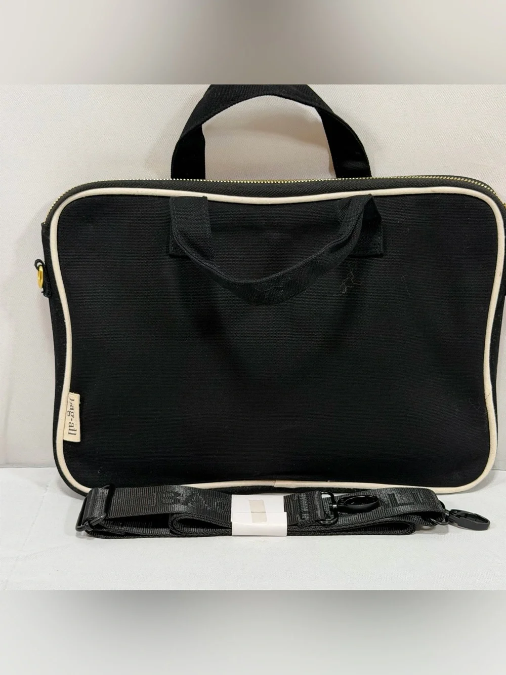 Canvas Designer Laptop Case Tote Bag Black Striped Interior Crossbody Strap Incl